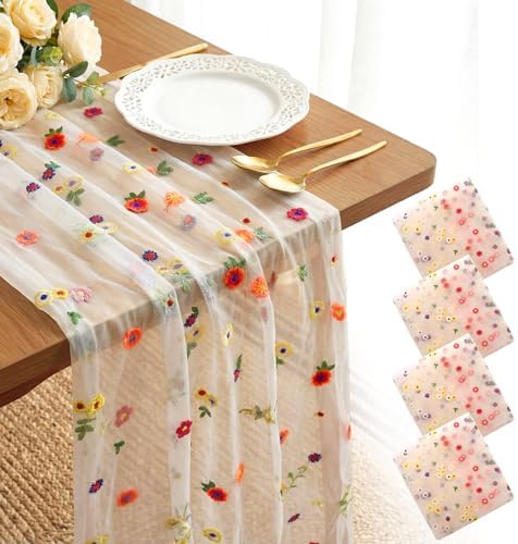 4 Pack Embroidery Floral Table Runner Rustic Spring Summer Wildflower Tulle Table Runner Vintage Flower Tabletop Runners Decoration for Home Wedding Party, 108 x 25 inch (Multicolor Flowers) by VAIPI