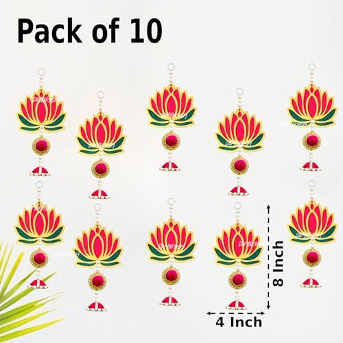 Divyakosh Pink & Green Lotus Hangings with Jhumki for Decoration, Pack of 10 | Door/Wall Decor, Mandir Pooja Room, Temple Decor, Export Quality | Size - 8 Inches | - Image 4