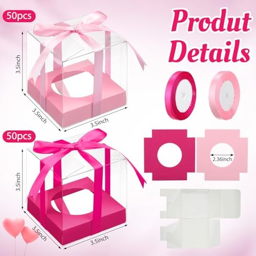 Gerrii 100 Pcs Clear Plastic Individual Cupcake Boxes 3.5" Single Cupcake Containers Transparent Ornament Gift Box with Inserts and Ribbon for Wedding Baby Shower Party Favor(Pink and Hot Pink) - Image 2