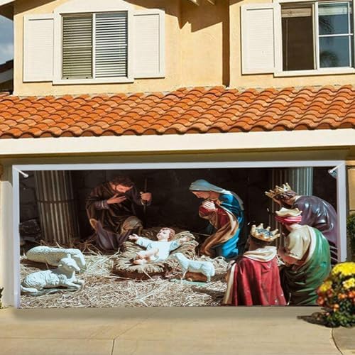 Christmas Garage Door Banner Decoration Large Christmas Garage Cover for Indoor Outdoor Holiday Party Supplies, 7 x 16 ft Nativity Scene Ornaments Backdrop Sign, H - Image 2