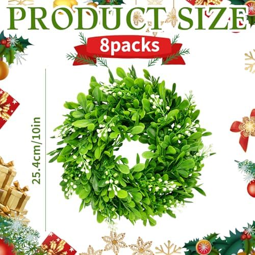 8 Pcs Christmas Boxwood Wreath Artificial 10 Inch Green Leaves for Front Door Cabinets Wreath Indoor Outdoor Wall Decor Christmas Wall Home Kitchen Decoration - Image 2
