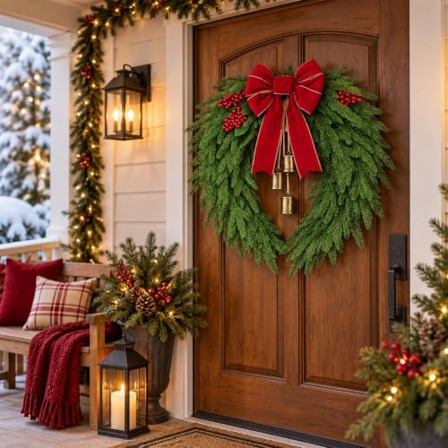 JarThenaAMCS Christmas 24 Inch Large Wreath with Red Velvet Bow Metal Bells Real Touch Norfolk Pine Wreath Faux Greenery Realistic Wreaths for Xmas Front Door Wall Window Mantel Holiday Decor - Image 5