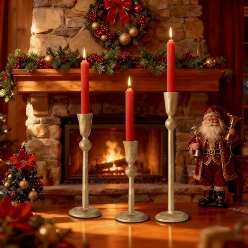 Set of 3 Antique Brass Taper Candle Holders Iron Candlestick Holder - Image 6