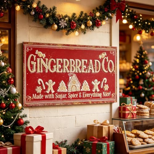 30" Vintage Metal Christmas Wall Sign - Gingerbread Co. Rustic Wall Mount Holiday Decor Distressed Wall Hanging Iron Painting Plaque Christmas Wall Art for Home Mantel Porch Bakery (Red#3) by Unknown