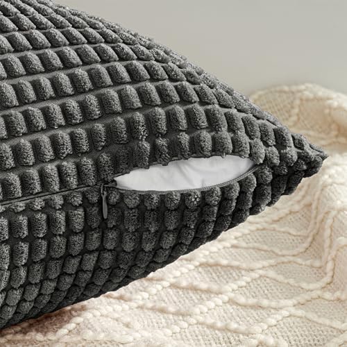 Topfinel 22x22 inches Euro Pillow Shams Set of 4 Soft Corduroy Decorative Throw Pillow Covers for Bedroom Living Room Boho Textured Striped Patchwork Couch Pillow Covers 55x55 cm Darkgrey - Image 2