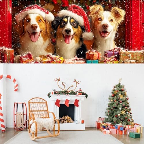 Dogs Garage Door Banner 16x7 Ft - Puppies in Santa Hats with Gifts for Double Car Garage Decor - Image 7