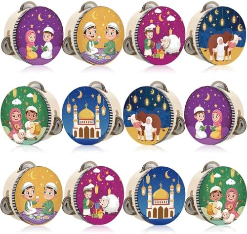 Boao 12 Pcs Ramadan Tambourine 4 Inch with Printed Eid Design Ramadan Party Favor Handheld Jingle Drum for Eid al-Fitr and Celebration, Party Decoration and Musical Performance by Boao