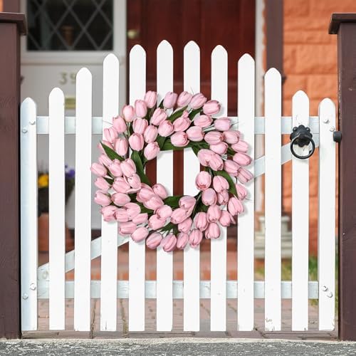 24 Inch Tulip Summer Wreath for Front Door Spring Silk Wreath with Green Leaves Artificial Tulip Flower Wreaths for All Seasons Farmhouse Porch Wall Living Room Home Widding Decor - Image 6