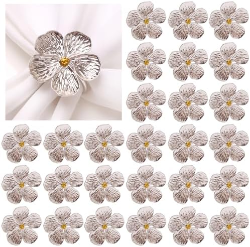 Flower Silver Napkin Rings Set of 50, Shiny Floral Napkin Ring Metal Holder by MagicRealForBetterLife