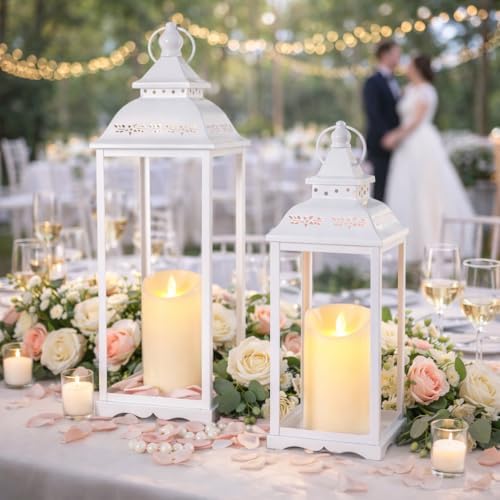 Decorative Candle Lanterns Set of 2, White Metal for Indoor & Outdoor - Image 3