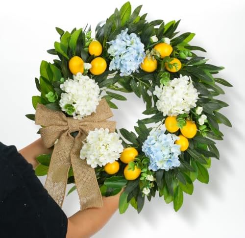 22 Inch Lemon Wreath for Front Door, Spring Summer Wreaths for Outside with Hydrangeas, Greenery and Burlap Bow, Artificial Citrus Floral Wreath for Farmhouse Porch Wall Window Kitchen Decor - Image 4