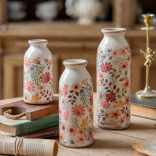 Vintage Vase Set of 3, Ceramic Vintage Flower Vases, Chinoiserie Decorative Home Decor Retro Floral Vase Rustic Farmhouse Decor for Table Bookshelf Mantel Kitchen Living Room Office - Colorful Daisy by TEWEIQI