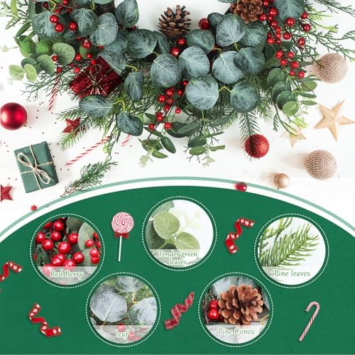 Spring Wreaths for Front Door,Boxwood Wreaths for Indoor and Outdoor Wedding Decorations,Spring Wreath with Pine Cones and Leaves,Berries,Eucalyptus Leaves for Home Decor - Image 3