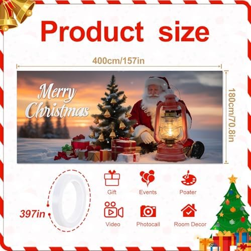 Christmas Garage Door Banner with Santa Claus and Christmas Tree – Holiday Garage Mural Cover with Oil Lantern, Gifts, and Sunset Snow Scene – Outdoor Winter Decoration for Home - Image 2