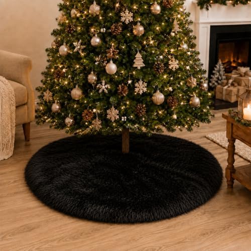 60 Inch Christmas Tree Skirt - Fluffy Faux Fur Black Tree Skirt, Black Plush Xmas Holiday Decor for Parties, Small Round Tree Skirt - Image 4