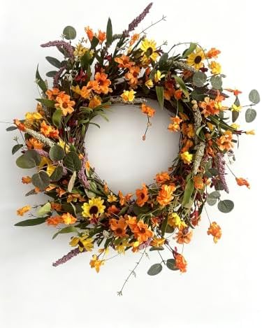 NeoL'artes 24in Artifical Fall Floral Wreath with Orange and Yellow Wildflowers, Sunflowers, and Greenery (Orange) by NeoL%27artes