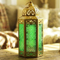 Vela Lanterns 12" Metal Moroccan Decorative Candle Lantern Holders for Hanging or Table, Indoor Home Decor, Outdoor Patio or Porch, Weddings, Gold, Green Glass, Large by VelaCandleLanterns