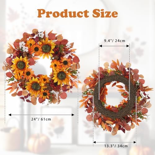 24" Artificial Fall Floral Wreath for Front Door Autumn Wreath with Sunflower Dahlia Pine Cones for Halloween Thanksgiving Farmhouse Window Wall Décor - Image 2