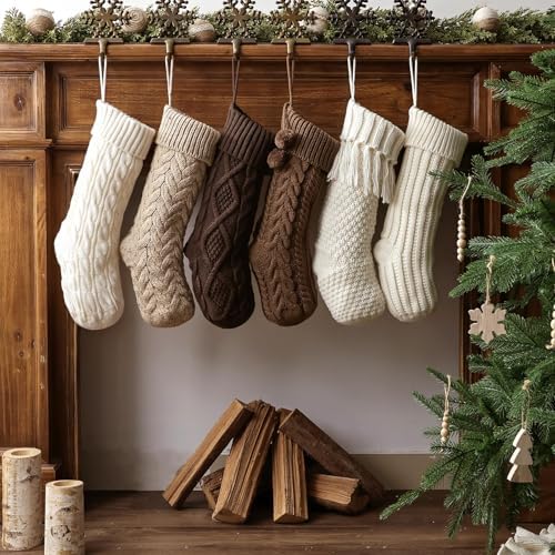Farmhouse Knitted Personalized Christmas Stockings: 6 Pack 18 Inch Earth Tones Christmas Stockings, Rustic Cozy Hanging Xmas Stockings Decorations for Family Holiday Decor, White Beige Brown - Image 5