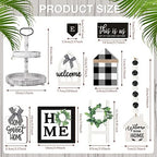 Two Tiered Tray with 11 Pcs Wooden Signs Decor, Plaid Style - Image 3
