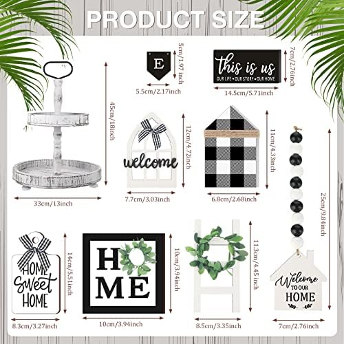 Two Tiered Tray with 11 Pcs Wooden Signs Decor, Plaid Style - Image 3