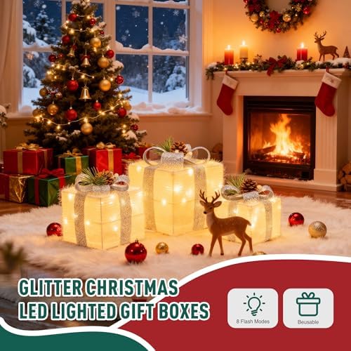 Set of 3 Valentines Day Lighted Gift Boxes,Outdoor Indoor Holiday Decorations,Plug-in 65 LED Light Up Present Boxes for Indoor Outdoor Home Yard Lawn Holiday Wedding Birthday Party Decor - Image 3