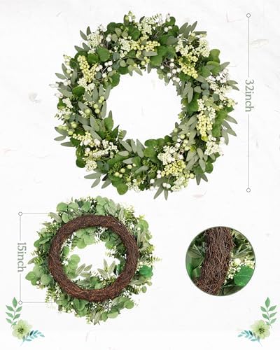 Vlorart 32 Inch Artificial Spring Summer Greenery Christmas Wreaths for Front Door Green Eucalyptus Leaf Wreath Decor Boxwood with Big Berries for Farmhouse Outside Year Round - Image 2