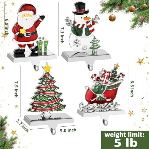 Set of 4 Christmas Stocking Holders for Mantel Retro Stocking Holders with Santa Snowman Tree Sleigh Design Silver Metal Christmas Stocking Holders- Stockings Hanger for Xmas Decoration (Set of 4) - Image 2