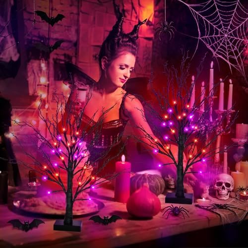2 Pack 24 Inch Black Halloween Tree with 24 LED Orange Purple Lights, USB Battery Operated Halloween Table Decorations Tree Light with Timer, Scary Halloween Decorations Indoor for Home Party Decor - Image 6