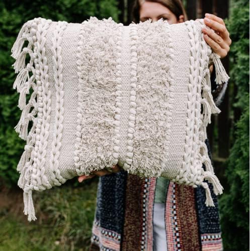 Decorative Boho-Chic Square Pillow Cover 18x18 Handwoven Tufted Braided Cotton Accent Pillows, Neutral Throw Cushion for Couch, Sofa or Bed, Farmhouse & Bohemian Home Decor, Trendy USA Design - Image 4