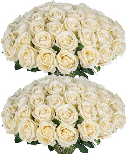 50 PCS Fake Champagne Roses, Artificial Flowers Bulk, Realistic Silk Roses by Jefuzh