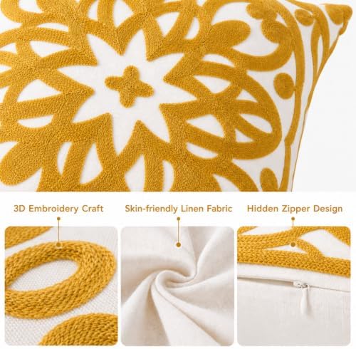 Alysheer Boho Embroidered Throw Pillow Cover 18"x18", 2pcs Mustard Yellow - Image 4
