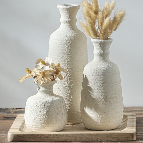 Ceramic Vase Set of 3, Neutral Rustic Vases Home Decor Farmhouse Decorative Vase Whitewashed Pottery Decor Boho Modern for Table Mantel Entryway Bookshelf Living Room Kitchen Bathroom Bedroom - White by ooit