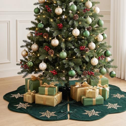 Hollowfly Dark Green Velvet Christmas Tree Skirt with Sequin Snowflake 48'' - Image 5