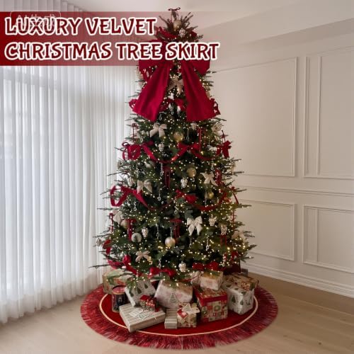Velvet Christmas Tree Skirt, 48 Inches, 2-Tier Tassels, Red - Image 6