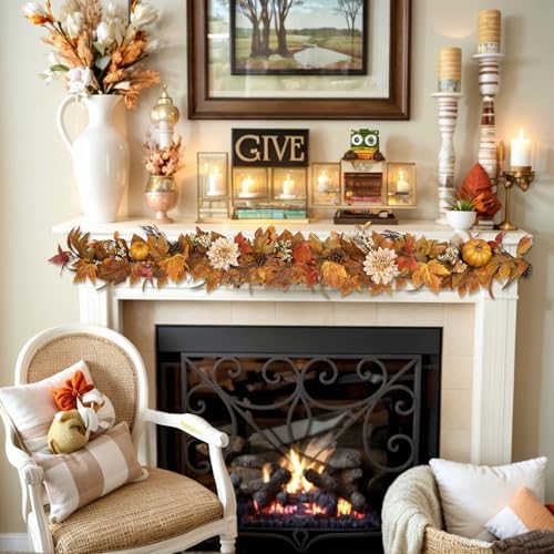 Fall Garland 6Ft Lifelike Autumn Maples Leaf Pumpkin Garland with Berries Pine Cones, Fall Decorations for Home Thanksgiving Halloween Fireplace Farmhouse Porch Indoor Outdoor Decorations - Image 5