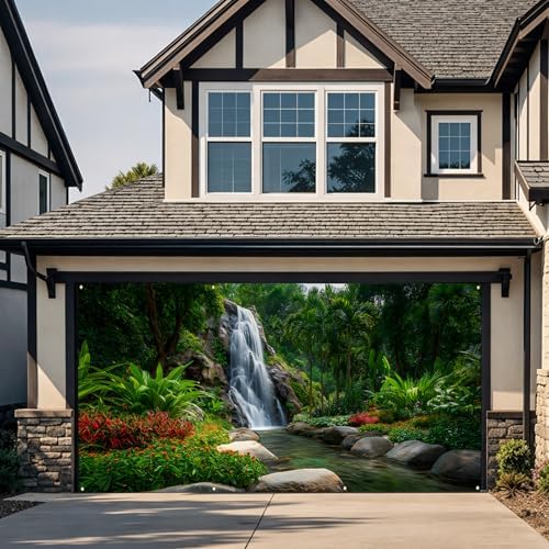Waterfalls Garage Door Cover Banner, 6x13 ft Forest Scenery with River Landscape, Large Indoor/Outdoor Wall Decoration (Green Scenic Waterfall) - Image 4