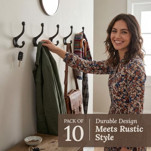 My Fancy Farmhouse Rustic Cast Iron Coat Hooks (10 Pack) Wall Mounted Farmhouse Decorative Wall Hooks, Vintage Hooks for Hanging Coats, Bags, Hats, Towels (Antique Black) - Image 2