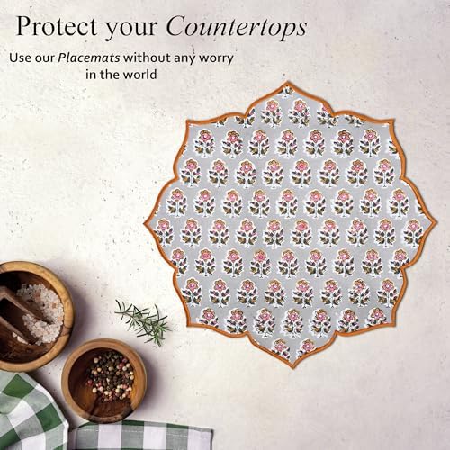 CPC Labra Grey Block Print Cotton Floral Placemat 15x15 Inch, Set of 4 - Image 6