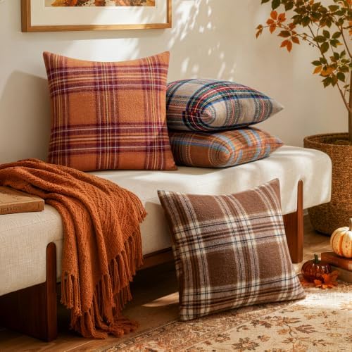 MIULEE Fall Plaid Decorative Euro Sham Pillow Covers Set of 2 24x24 Brown - Image 7