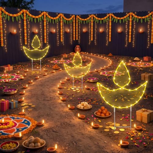 Retisee 3 Pcs Indian Diwali Diya Solar Lights Outdoor 12.7 Inch Diwali Diya Lighted Yard Stakes Waterproof Solar Lamps for Hindu Deepavali Party Decorations 6–8 Hour Runtime - Image 2