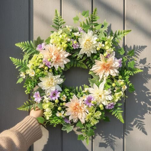 24 Inch Spring Wreath for Front Door - Easter wreath Large Artificial Dahlia & Eucalyptus Floral Wreath, Handcrafted Full Silhouette Summer Wreath for Porch, Wall, Window, Farmhouse Home Decor by TVMALL