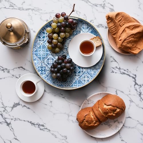 Serving Trays Set of 2, Decorative Plastic Serving Trays with Handles, 15" & 13" Round Tray Party Tray for Food, Coffee Table, Ottoman, Bathroom, and Living Room (Round Blue Moroccan) - Image 6