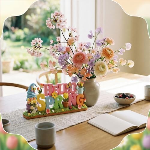 Simgoing 1 Pack Hello Spring Table Decoration Resin Spring Gnome Decorations for Home Pastel Flower Table Sign Festive Floral Statue Tabletop Centerpiece for House Tabletop Tiered Tray Fireplace Decor - Image 6