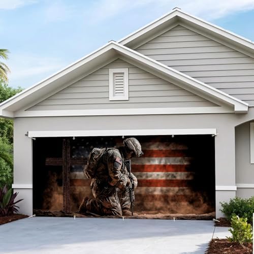 16x7FT Patriotic Garage Door Banner, Ameri-ca Soldier Kneeling with Cross Design, Extra Large Outdoor Garage Door Cover for Memorial Decor and Independence Day - Image 5