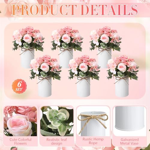 Domensi 6 Sets Wedding Centerpiece for Table Decoration Blush Pink Artificial Fake Rose Flower with Metal Vase Faux Silk Rose Bouquet Floral Arrangement for Bridal Shower Home Dining - Image 3