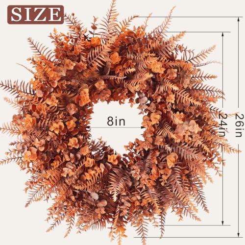 26" Artificial Fall Eucalyptus & Fern Wreath for Front Door Decor(Orange) - Image 6