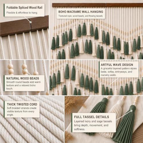 Large Boho Macrame Wall Hanging 59×37", Farmhouse Hanging Green & White - Image 5