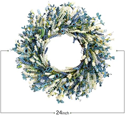 26 Inch Summer Spring Blue Ivory Lavender Flower Wreath for Front Door, Rustic and Farmhouse Wild Flowers Wreath for Inside and Outside, Coastal Blue Home Decorating - Image 4