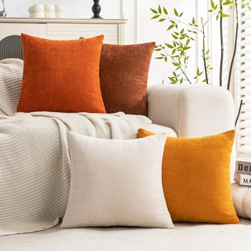 Set of 4 Soft Textured Decorative Throw Pillow Covers 20x20 Inch Cozy Farmhouse Cushion Cover Square Accent Pillow Cases for Bed Couch Sofa Living Room, Beige Rust Orange - Image 2